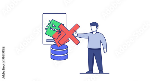 Man rejecting corrupted digital document file connected to database server representing information security management and data integrity control