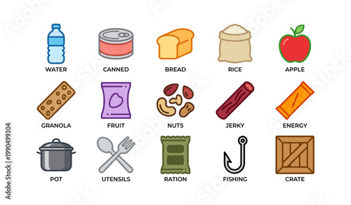Food supply icons arranged in labeled grid on white background