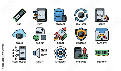 Solid state storage and performance icons on white background