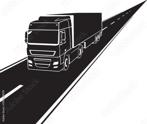 Truck driving on highway, road transport vector, black and white illustration, transportation icon