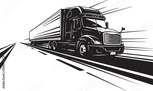 Semi Truck, Vector Truck Illustration, Black Semi-Truck, Speeding Tractor Trailer