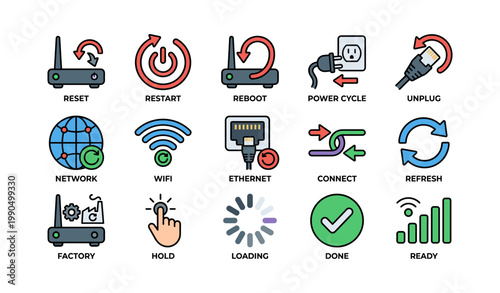 Network and connectivity icons in grid on white background