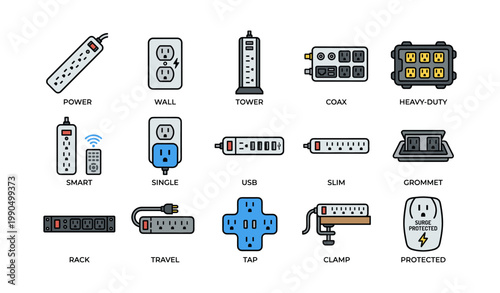 Power outlet and surge protector icons in grid on white background