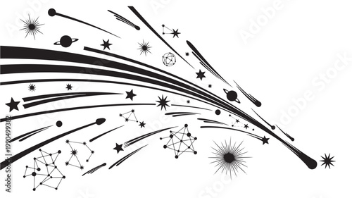 Comets streak across a white field alongside constellations and planetary icons in a dynamic composition.