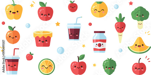 Cute fruit characters and beverages collection with smiling apples strawberries juice cups and healthy food cartoon vector illustration set