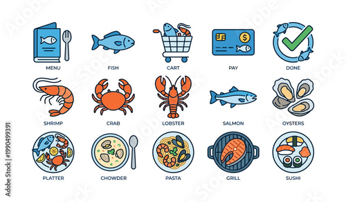 Seafood icons depicting menu items and dishes on white background