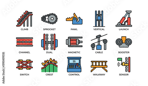 Roller coaster and mechanical parts icons showing track and control