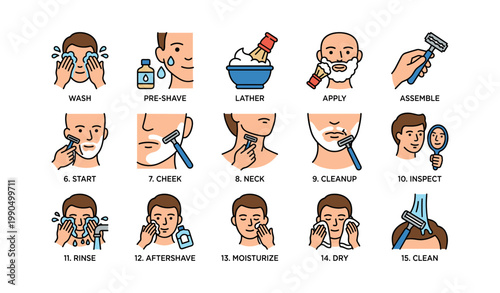 Step by step shaving process icons illustrating grooming routine