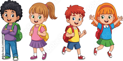 Cute School Kids Characters with Backpacks, Happy Cartoon Children Students for Education, Learning Activities and Friendly Classroom Vector Illustration.