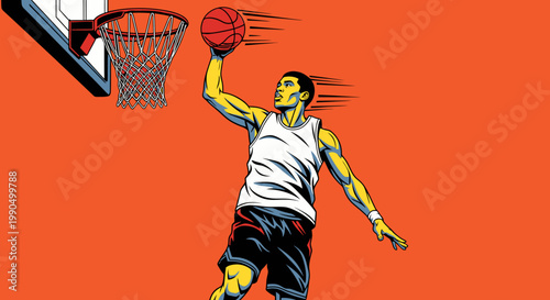 A basketball player executing a slam dunk, with dynamic action and movement