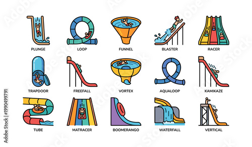 Water slide illustrations showing ride types and riders on white