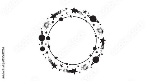 Circle frame composed of various planets and shooting stars creates a decorative cosmic border.