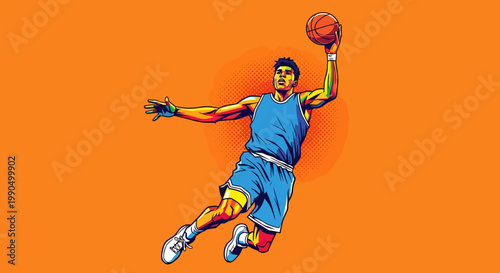 A dynamic illustration of a basketball player executing a slam dunk against an orange backdrop