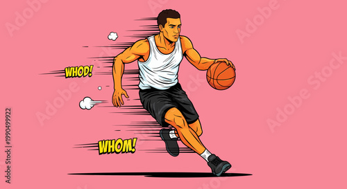 Dynamic illustration of a basketball player dribbling the ball with focused determination. The illustration is filled with action lines and comic book-style effects