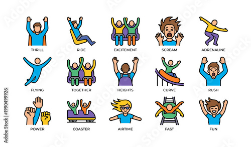 Roller coaster emotion and ride icons arranged on white background