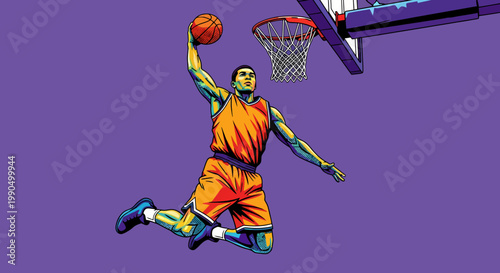 A basketball player dramatically dunking the ball into the hoop against a purple background. The player is in mid-air, fully focused on the game