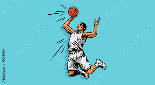 A basketball player in action, soaring high to shoot a basket. The player is captured in mid-air, fully focused on the game, showcasing athleticism and determination.