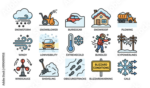 Winter storm and blizzard condition icons shown in grid layout