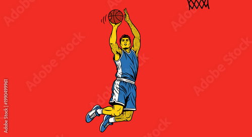An athlete in action, depicted shooting a basketball toward the hoop against a vibrant backdrop. The illustration captures a moment of intense focus and athleticism