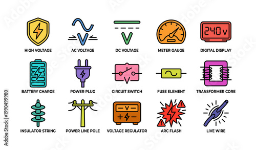 Electrical symbols showing voltage and power icons on white backdrop