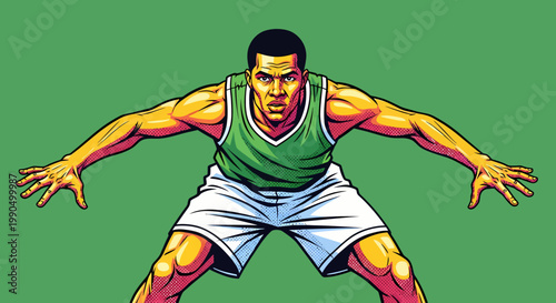 A determined basketball player in action, focused and ready to compete, with a green background