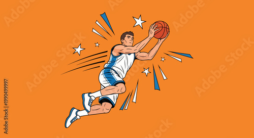 A basketball player in action, leaping towards the hoop to score