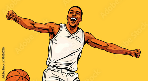 A basketball player celebrating a victorious moment with a ball on the side