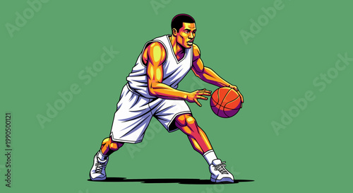 A basketball player dribbling the ball, showcasing athleticism and skill, with a vibrant green background.