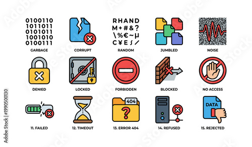 Collection of error and access icons displayed on white background