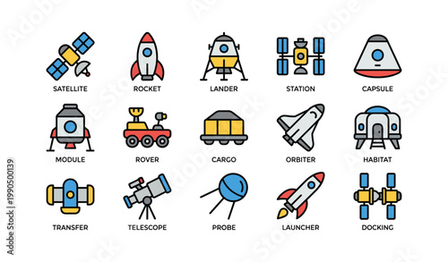 Spacecraft and exploration icons arranged in grid on white background