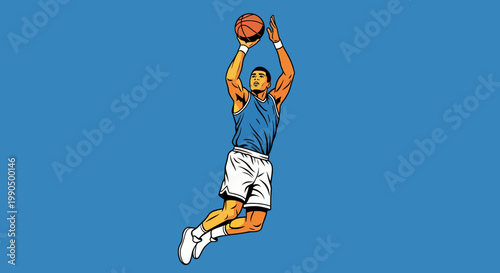Basketball player skillfully shooting a ball towards the basket against a blue background, showcasing athleticism and focus