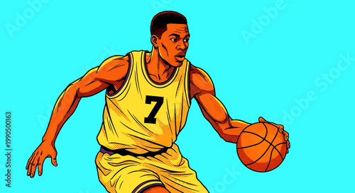 A determined basketball player dribbling the ball, ready to score. The player's focused expression and athletic stance showcase the intensity of the game