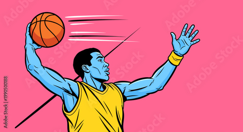A basketball player preparing to shoot the ball, illustrated on a vibrant pink background. The player is in action with a basketball in hand, ready for a shot