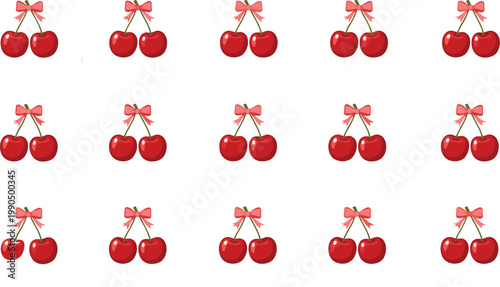 Cute red cherry icon set with ribbon bow, sweet fruit symbol collection for stickers, packaging, dessert menu design and summer food illustrations