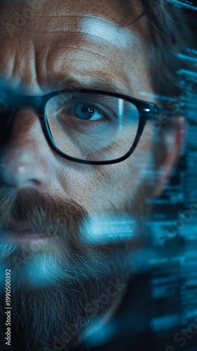 Mature Man Wearing Glasses Looking at Screen with Code