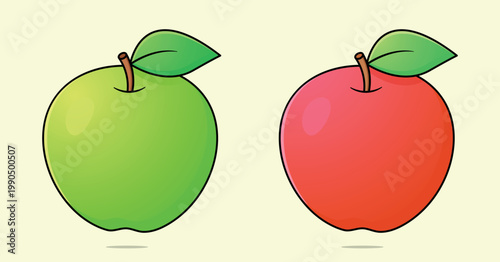 Green and Red Apple Vector Icons Set. Cartoon Style Red and Green Apple with Leaf