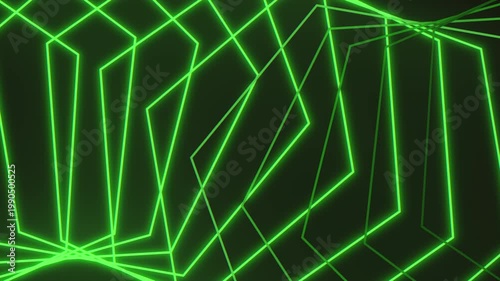 Glowing neon green laser lines create an abstract geometric wireframe pattern on a dark background, ideal for futuristic technology visuals, VJ screens, and motion design