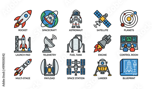 Spacecraft and mission icons arranged on white background