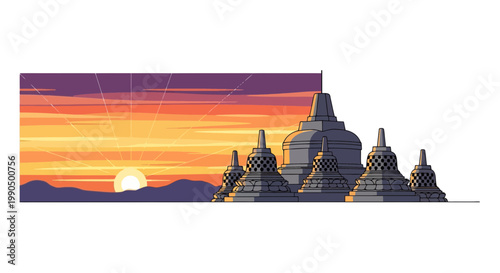 Ancient Buddhist temple silhouette with stupas against a vibrant golden sunrise sky in a flat minimalist design style for travel and tourism teacher
