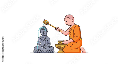 Buddhist monk pouring water over a seated statue to perform a ceremonial cleansing ritual during a traditional religious festival observance event
