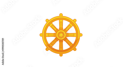 Golden Eight Spoked Wheel Representing Ancient Eastern Religious Symbols Used In Spiritual Traditions Isolated On A Clean White Background Surface