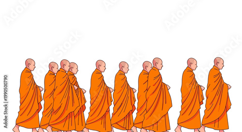 Group of Buddhist Monks Walking in Traditional Orange Robes on White Background Representing Spiritual Journey and Peaceful Religious Practice