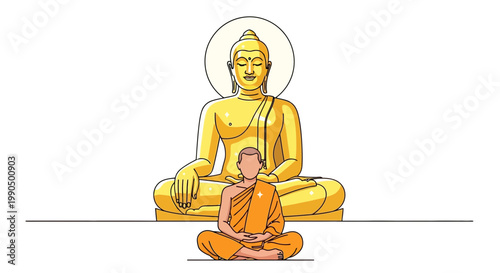 A serene Buddhist monk sitting cross-legged in meditation before a large golden Buddha statue with a halo, in a simple minimalist style, conveying spiritual guidance and calmness in a peacef