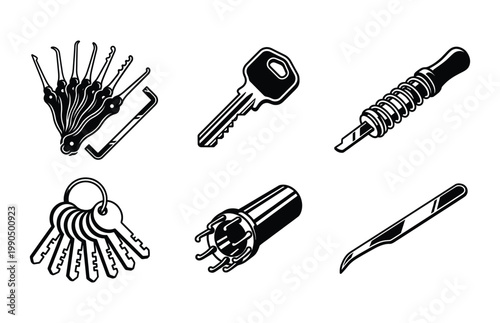Vintage locksmith tools and keys vector set for security auditing concepts
