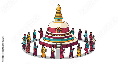 Buddhist stupa with devotees walking around, traditional Nepalese architecture, vibrant colorful illustration, spiritual pilgrimage site, cultural landmark, religious ceremony