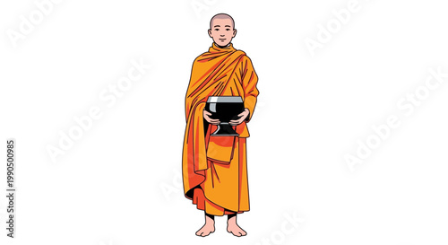 A serene Buddhist monk wearing an orange robe holding an alms bowl in a minimalist flat illustration style on a white background