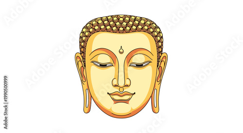 Serene Buddha head in traditional Thai style, meditative expression, golden skin, closed eyes, smiling face, spiritual leader, ancient temple, Buddhist art, calmness, peacefulness