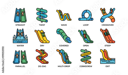 Water slide icons showing different slide types on white background