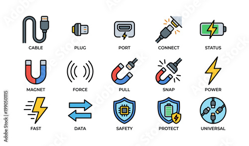 Charging and connectivity icons showing cables and ports on white