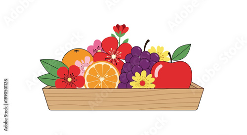 Fresh Assorted Fruits And Spring Flowers Arranged Inside A Simple Wooden Crate For Seasonal Harvest Celebration Concept Display On White Background